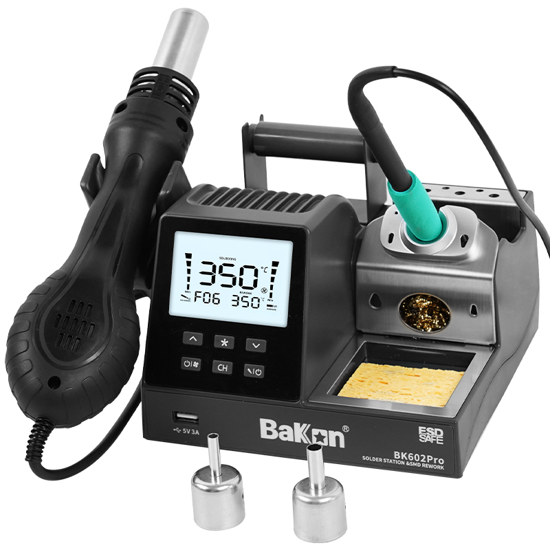 602pro Rework Station: 650W+120W, 150-480℃/100-500℃, LCD, PID control, 3s fast heating, C245/C210/C115 compatible, auto-sleep, USB, for DIY, repair, students.